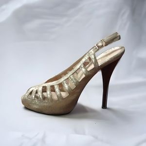 Fendi Gold Peep Toe Cage Slingback Heels